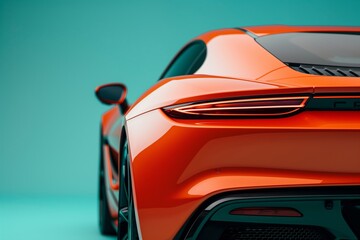 Close-up of a sports car in burnt orange color against a turquoise background.
