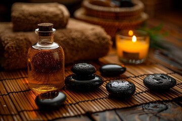 Spa composition: essential oil, burning candle, stones, and towels.
