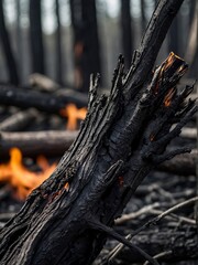 Blackened charred trees and plants after a fire