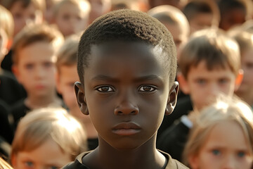 Racism, portrait of a sad African American boy in a crowd of Caucasian children - obrazy, fototapety, plakaty