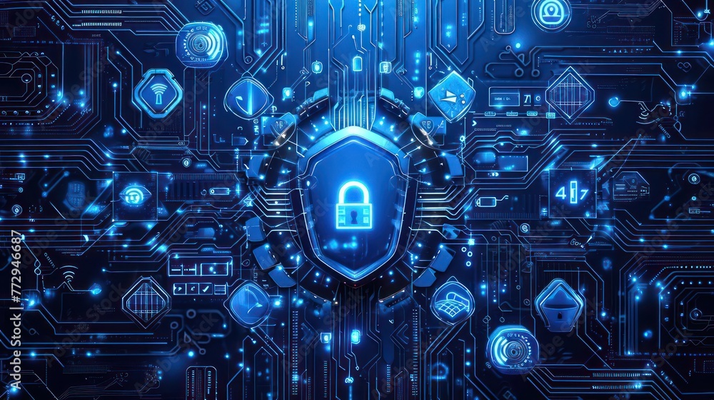 Poster visual metaphor of cybersecurity, combining elements of firewalls, encryption keys, and digital shie