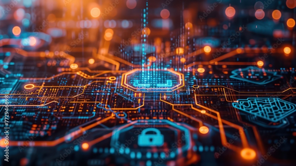 Poster visual metaphor of cybersecurity, combining elements of firewalls, encryption keys, and digital shie