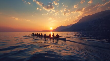 Groups of active people, men and women, canoeing, kayaking on river with skilled instructor on see surrounded mountains. - obrazy, fototapety, plakaty