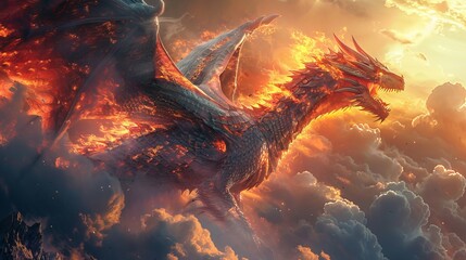 Craft a captivating fantasy scene with a dragon as the focal point - obrazy, fototapety, plakaty