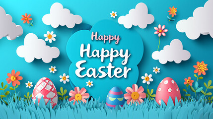 a paper cut out of a blue background with eggs and flowers