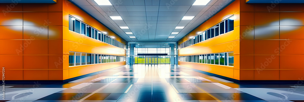 Poster modern elegance in architecture: a bright and empty corridor with a sleek design, reflecting the fus