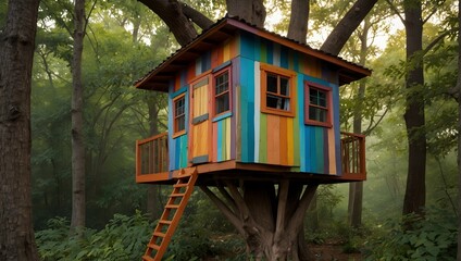 Fototapeta na wymiar A whimsical treehouse hidden in the canopy, painted in a patchwork of colors to mimic a bird's plumage Generative AI
