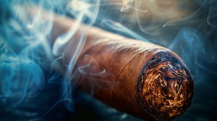 Close-up of a lit cigar with smoke - obrazy, fototapety, plakaty