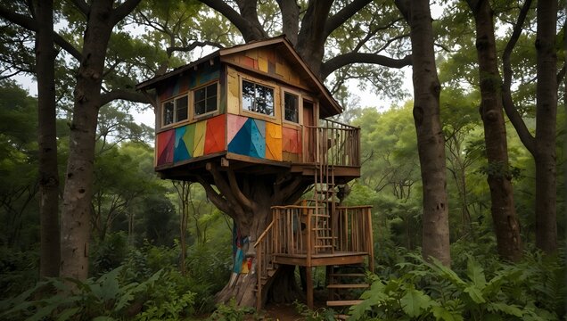 A whimsical treehouse hidden in the canopy, painted in a patchwork of colors to mimic a bird's plumage Generative AI