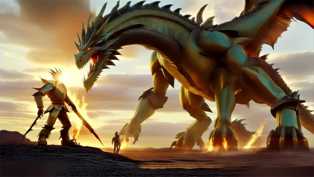 A warrior faces off against a towering dragon in a dramatic sunset-lit landscape, evoking themes of courage and fantasy adventure