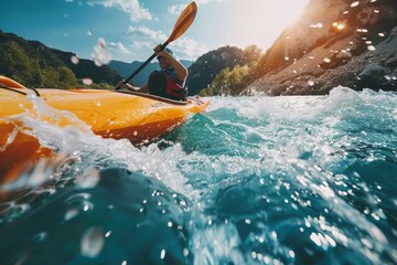 Whitewater kayaking. Extreme kayaking. Young, athlete guy in kayak sails on wild mountain river....