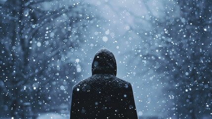 Person standing in a snowfall - obrazy, fototapety, plakaty