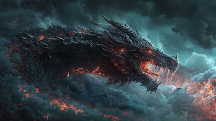 Craft a chilling image featuring a malevolent black dragon - obrazy, fototapety, plakaty