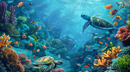 Underwater Wonderland: Vibrant Marine Background - obrazy, fototapety, plakaty