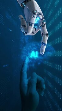 Robot hand 3D and human hand touch in AI artificial intelligence brain on big data network connection background. Matrix animation or big data processing,3D rendering graphic, vertical
