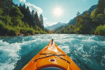 Kayaking on fast flowing river. Yellow boat nose on wild waters of river. Highland and forests frame on background. - obrazy, fototapety, plakaty