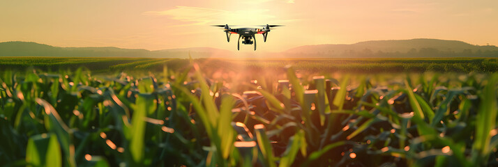 drones flying over crop of corn health in vast farmlands - obrazy, fototapety, plakaty