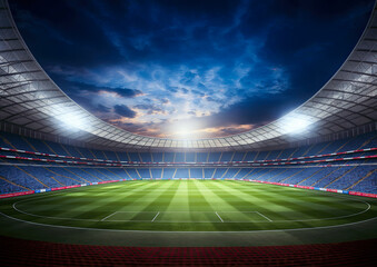 3D render of a large football stadium with bright lights at night