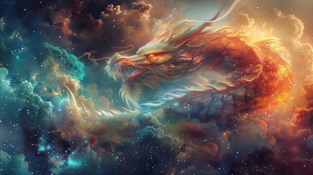 Craft a mesmerizing image featuring a cosmic dragon