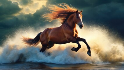 dynamic scene capturing a spirited horse with a radiant mane, its hooves striking water, creating a symphony of splashes under a tumultuous sky