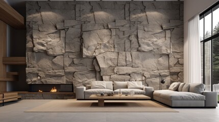 A large, modern living room with a fireplace and a large stone wall