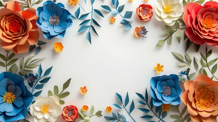 A stunning border of assorted paper flowers in vibrant colors on a white background.