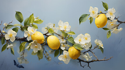 Lemon branch with blossom on blue background. Citrus illustration