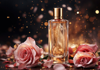 Obraz na płótnie Canvas Perfume bottle with rose flowers on dark background, closeup