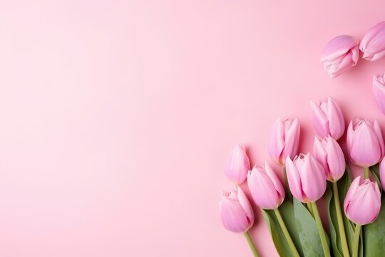 A bunch of fresh pink tulips arranged on a soft pink background with space for text.
