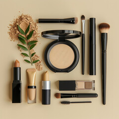 A collection of makeup products including a foundation, a lip gloss, and a brush - 772949016