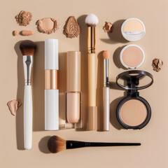 A collection of makeup brushes and products, including a foundation brush - 772949080