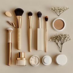 A collection of makeup brushes and products are displayed on a table - 772949087