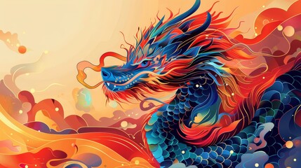 Craft a vibrant vector illustration featuring a colorful dragon