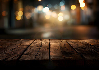 Empty wooden table top with blurred dark background for product display presentation.