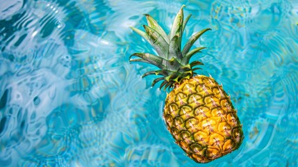 Pineapple floating on clear blue water