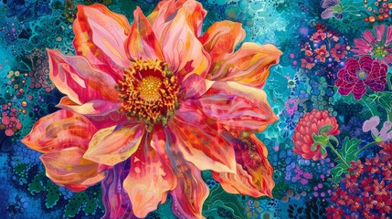 Vibrant floral painting with abstract background