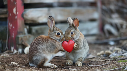 Curious young rabbits with red heart. Couple small rabbit. .  Generative AI