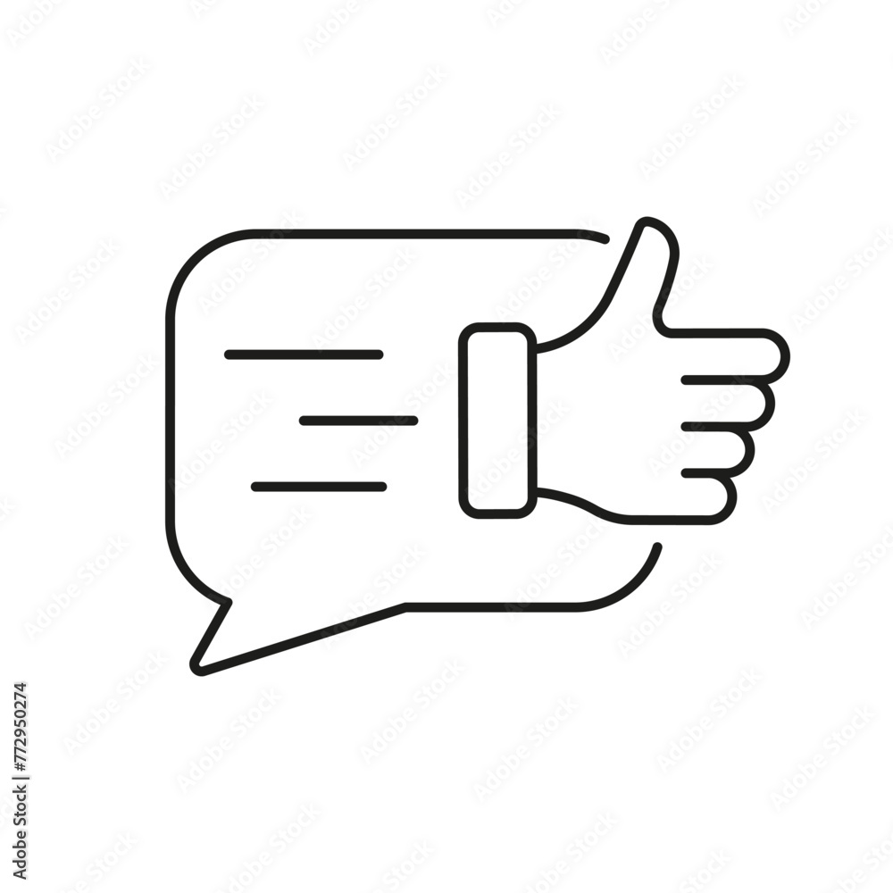 Poster good feedback line icon. thumb up with speech bubble linear pictogram. positive communication outlin