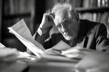 Elderly man with glasses deeply focused on reviewing papers, signifying diligence and workload. - obrazy, fototapety, plakaty