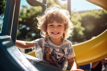 Curly haired preschool boy plays on playground. Active outdoor games for children. Outdoor playground for children's games and entertainment