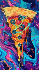 Colorful pizza slice illustration with abstract background