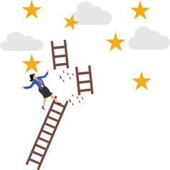 A businesswoman is climbing the ladder of success, unfortunately, the ladder broke off on the way