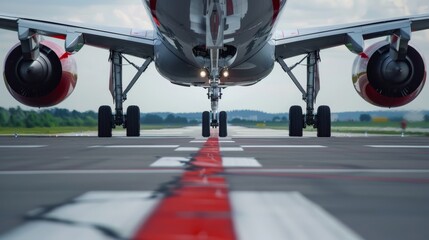 Fototapeta premium Zoomed in to perfection, an intense focus on an airplane's landing gear meeting the tarmac conveys the reliability and operational excellence synonymous with the airline industry.