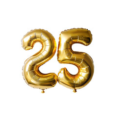 Number 25 gold foil balloon isolated on transparent background. Helium balloon font.