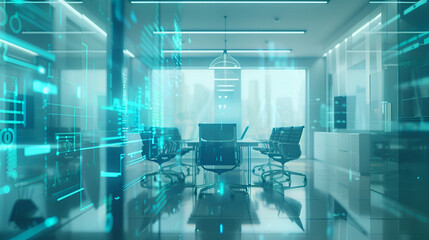 Boardroom meeting with futuristic holographic projections ,Double exposure of abstract virtual creative code skull hologram on modern corporate office background. Malware and cyber
 - obrazy, fototapety, plakaty