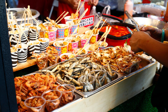 Assorted fried seafood sold at a street food cart