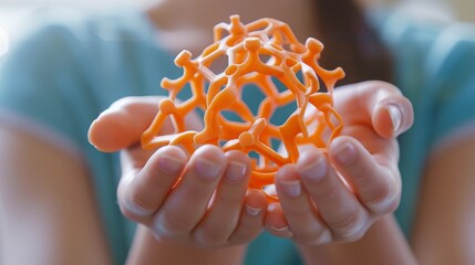 A close-up perspective showcases a student's hands cradling a meticulously crafted 3D printed...