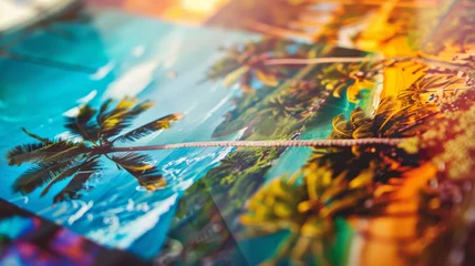 Zelfklevend Fotobehang Embark on a visual journey with a mesmerizing macro capture of a tourism brochure, bursting with enticing destinations and activities, perfect for igniting the wanderlust in potential travelers. © Nawarit