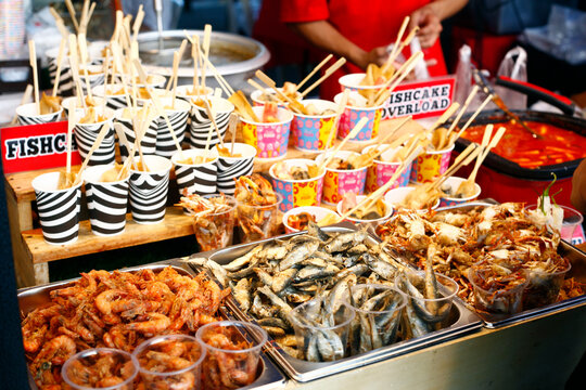 Assorted fried seafood sold at a street food cart