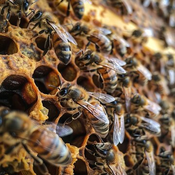 Delve into the fascinating realm of beekeeping through this detailed macro image, capturing the collaborative efforts of bees within their hive.